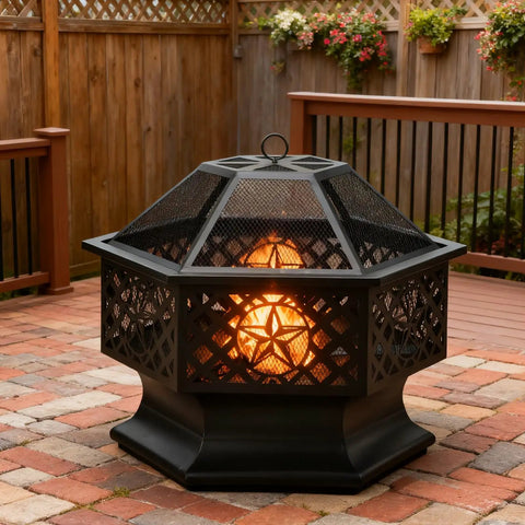 Hexagon 28 Inch Wood Burning Fire Pit with Spark Screen and Poker on patio, black steel construction for outdoor fun.