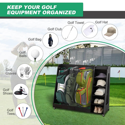 Garage Ready Golf Bag Storage Rack That Holds 3 Stand Bags And 14 Clubs Plus Space For Shoes, Balls, And Accessories Heavy Duty Wooden Organizer With Easy Assembly For Indoor Or Outdoor Use Black Finish.