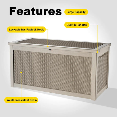 Waterproof Outdoor Storage Box With 320 Gallon Capacity UV Resistant Resin Deck Box shown with padlock hook and handles