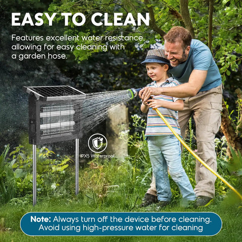 Man and child cleaning Cordless Solar Mosquito Zapper With 4500V Electric Grid Auto On Off Waterproof Outdoor Bug Trap with hose