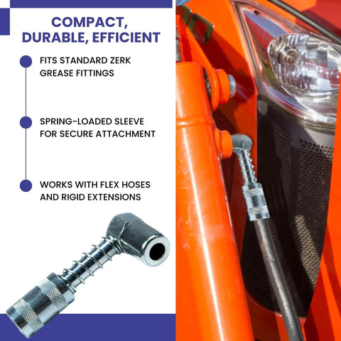 90 Degree Grease Gun Coupler Snaps Onto Fittings In Tight Spaces For Hassle Free High Pressure Grease Application, installed view