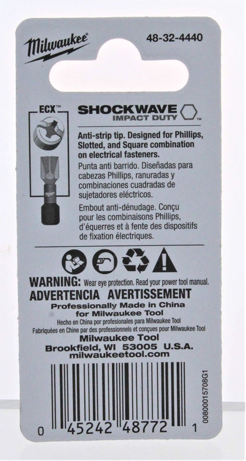 Back packaging of ECX One Quarter Inch Hex Insert Bits, 2 Pack, for heavy duty drilling described in multiple languages.