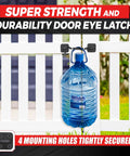 Adjustable 6 To 10 Inch Cabin Hook Eye Latch Gate With Heavy Duty 4 Point Bracket on a white fence with large water jug hanging
