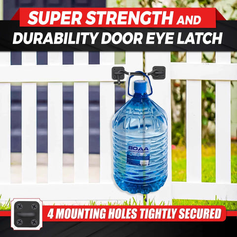 Adjustable 6 To 10 Inch Cabin Hook Eye Latch Gate With Heavy Duty 4 Point Bracket on a white fence with large water jug hanging