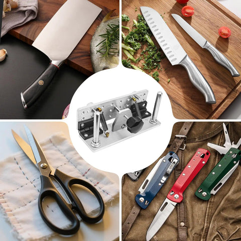Small Belt Grinder Knife Jig Adjustable Angle Beveling Locator Crafted From Durable Aluminum Alloy Frame near various knives and scissors.