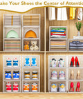 Heavy Duty Super Clear Shoe Organizer With Reinforced Magnetic Front Door Stackable Storage Box showcasing colorful shoes in clear bins on a wooden shelf.