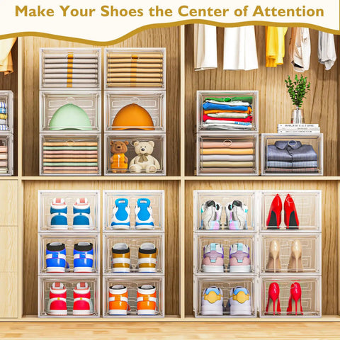Heavy Duty Super Clear Shoe Organizer With Reinforced Magnetic Front Door Stackable Storage Box showcasing colorful shoes in clear bins on a wooden shelf.