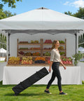 Pop Up Canopy Tent With Sidewalls 10x10ft One Push Setup 10 Person Party Gazebo Portable Outdoor Sun Shade For Events Parties Camping And Commercial Use Silver Top White Frame with display table and produce.
