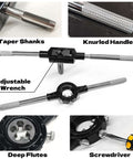 52-Piece Jumbo Metric Tap And Die Set for Internal And External Threading M6x0.75 to M24x3.0 displaying tools and features.
