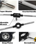 Beefy Heavy Duty 52 Piece Large SAE Tap And Die Set features adjustable wrench, taper shanks, and knurled handle for threading tasks.