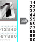 Black Vinyl Address Numbers Stickers 2 Inch Self Adhesive Premium Die Cut Pre Spaced Two Pack For Mailbox Signs Windows Doors Cars Trucks Homes Businesses Indoor Outdoor Use showing packaging content with numbers and dimensions.