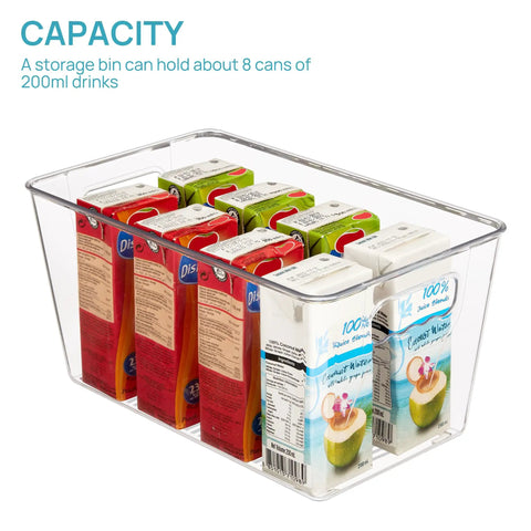 Clear Storage Bins With Handles Six Pack For Pantry Organization And Storage Plastic Bins filled with 200ml drink cartons