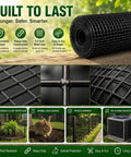 Tough As Nails Black Vinyl Coated Hardware Cloth One Quarter Inch Mesh Wire Fencing Roll on wooden surface with plant background.