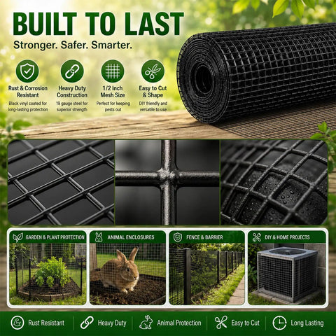 Tough As Nails Black Vinyl Coated Hardware Cloth One Quarter Inch Mesh Wire Fencing Roll on wooden surface with plant background.