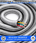 Close-up of 1.25 Inch By 50 Foot Galvanized Steel Flexible Conduit For Outdoor Electrical Wiring, showing interior wires and durable design.