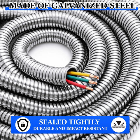 Close-up of 1.25 Inch By 50 Foot Galvanized Steel Flexible Conduit For Outdoor Electrical Wiring, showing interior wires and durable design.