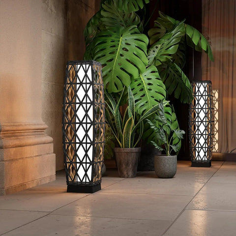 Outdoor Solar Powered Wicker Floor Lamp for Patio and Garden, Weather Resistant Deck Light in Silver Gray, Auto On at Dusk and Off at Sunrise, 8 to 10 Hours Run Time, No Wiring Needed, Easy Setup, Cozy Backyard Ambience
