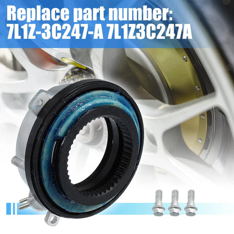 Heavy Duty Pair Of Front Automatic Locking Hub Actuator Assembly For Ford F150 Expedition Mark Lt Straight Bolt On No Headache Install Replace 7L1Z3C247A showing the actuator with blue seals and mounting bolts.