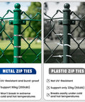 Comparison of metal and plastic zip ties on a fence, highlighting the durability of Heavy Duty Stainless Steel Cable Tie Gun Kit With 150 Zip Ties In Three Sizes For Fencing Chicken Coops Cable Bundling Exhaust Repair And Structural Reinforcement All In One Tool For Quick Fixes.
