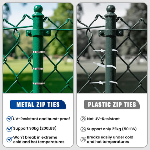 Comparison of metal and plastic zip ties on a fence, highlighting the durability of Heavy Duty Stainless Steel Cable Tie Gun Kit With 150 Zip Ties In Three Sizes For Fencing Chicken Coops Cable Bundling Exhaust Repair And Structural Reinforcement All In One Tool For Quick Fixes.