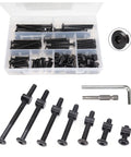 Universal Bed And Furniture Hardware Replacement Kit With Black M6 Hex Socket Cap Screws And Barrel Nuts, 100 Piece Set DIY Friendly Quick Swap shown in a box with components.