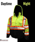 Hi Viz Workwear ANSI Class 3 Bomber Safety Jacket in Neon Lime with 2-inch Reflective Taping, Day and Night Contrast View, XL