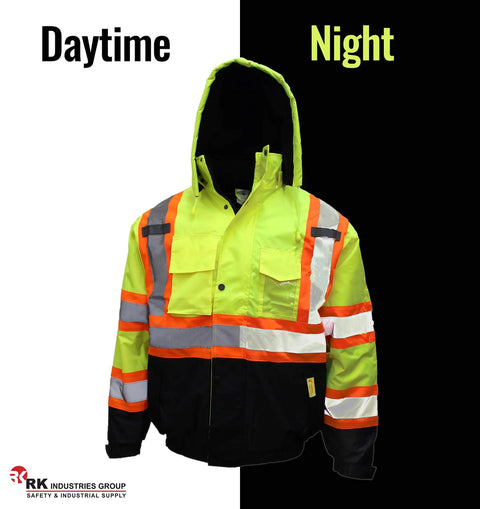 Hi Vis Bomber Workwear Jacket For Outdoorsmen, ANSI Class 3 High Visibility Neon Lime Waterproof With 2 Inch Reflective Taping Front Back And Sleeves, Heavy Duty Safety Coat For Construction And Trades, Size Large, shown in day and night lighting.