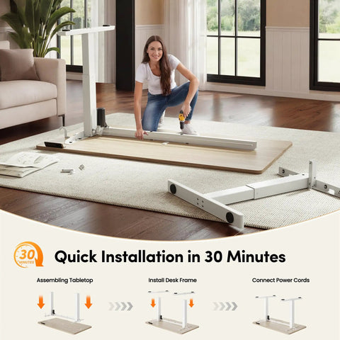 Electric Height Adjustable Standing Desk 48 By 24 Inches With Smooth Lift being assembled in a home office setting.