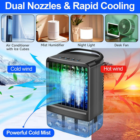 Portable AC Fan 4 In 1 Personal Desktop Air Cooler With Humidifier And 7 Color LED Atmosphere Lights featuring cooling mist.