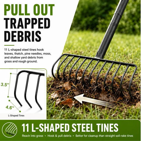Heavy Duty Brush Rake With A 15.6 Inch Wide Head And 11 Steel L Shaped Tines, Adjustable 36 To 66 Inch Handle For Quick, No Fuss Cleanup Of Leaves, Sticks, Pine Needles, Thatch, Moss, Mulch And Lawn Debris clearing lawn debris