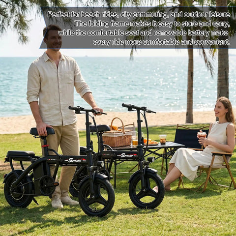 Powerful Folding Electric Bike With 800W To 1200W Peak Motor For Dope City Commutes 23 MPH Top Speed Dual Suspension on grass by beach