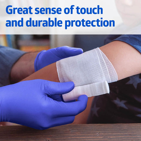 Medium Nitrile Exam Gloves, 300 Pack, Powder Free And Latex Free, Straight Up Soft For Hella Dexterity During Food Prep, Caregiving And Home Cleanups, applying a bandage.