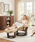 Woman relaxing in Swivel Recliner With Ottoman And Wood Base In PU Leather Ultra Plush Double Foam in living room