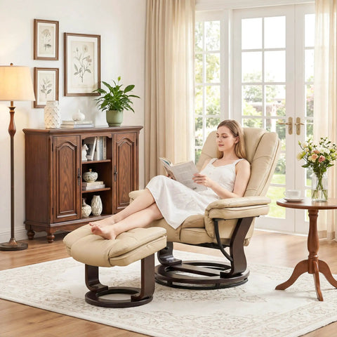 Woman relaxing in Swivel Recliner With Ottoman And Wood Base In PU Leather Ultra Plush Double Foam in living room