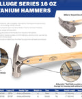 16oz Titanium Framing Hammer With Magnetic Nail Holder And Smooth Face, Hickory Handle, for Quick Nailing and Heavy Duty Builds