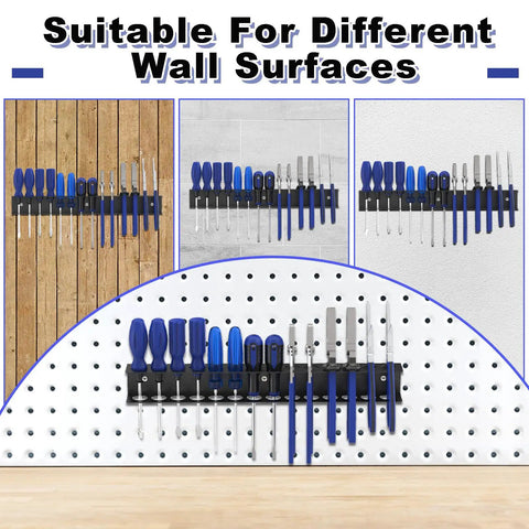 Rock Solid Screwdriver Organizer Wall Mount Rack For Garage And Workshop, all metal powder coated steel tool holder displayed
