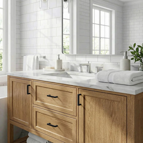 Bathroom vanity with 10 pack 3 inch hole center solid black cabinet handles, matte black square bar drawer pulls, aluminum alloy hardware.