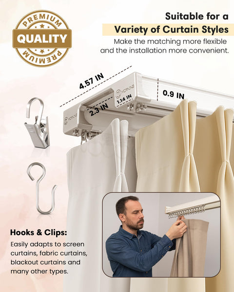 Dual Track Ceiling And Wall Curtain System, Heavy Duty Double Rails With Silent Slides For Room Dividers, 8ft To 10ft Length, Includes Hooks Clips Brackets, White with hooks and clips