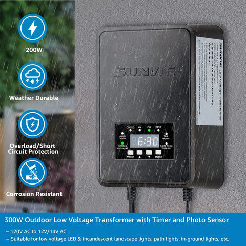 Powerful 300W Low Voltage Landscape Transformer With Timer And Photocell Sensor Waterproof displaying LED screen