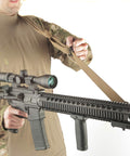Marine Corps Two Point Sling In Coyote Brown With 1.25 Inch Mil Spec Webbing And ITW Nexus Triglides for adjustments on rifle