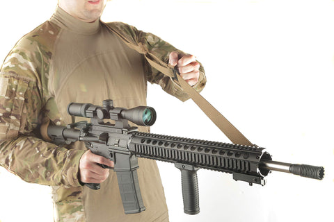 Marine Corps Two Point Sling In Coyote Brown With 1.25 Inch Mil Spec Webbing And ITW Nexus Triglides for adjustments on rifle