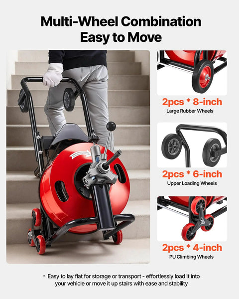 Heavy Hitter Auto Feed Drain Cleaner With 100 Ft Steel Pipe Snake and Zippy Motor showing multi-wheel design for easy mobility.