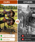 Heavy Duty Rolling Saddle Rack Cart With Spacious Basket And Locking Casters For Super Smooth Glides Sturdy Steel Frame showcases saddles organized on a mobile cart.