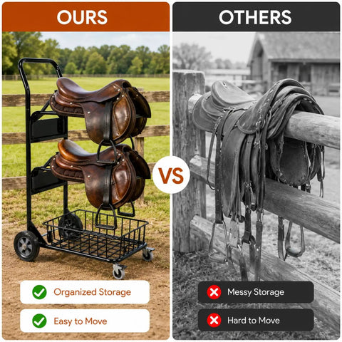 Heavy Duty Rolling Saddle Rack Cart With Spacious Basket And Locking Casters For Super Smooth Glides Sturdy Steel Frame showcases saddles organized on a mobile cart.
