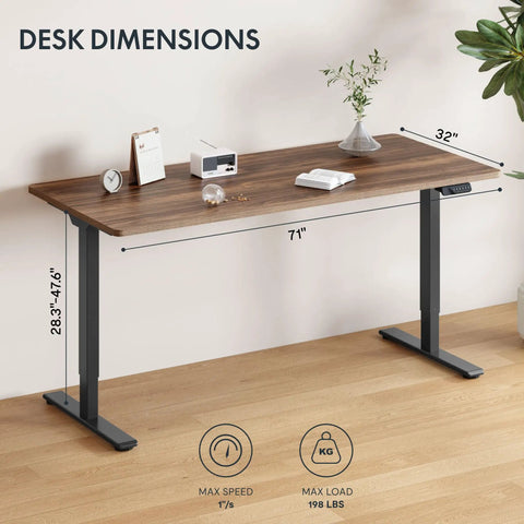Large Dual Motor Electric Standing Desk 71 By 32 Inch Black Walnut, 198 Lbs Heavy-Duty Capacity, Smooth Height Adjustment