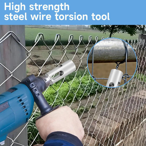 Person using 9 Gauge Drill Chuck Twist Ties Tool For Chain Link Fences And Loop Fences on fence