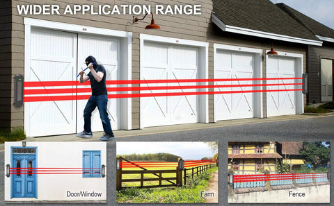 Solar Wireless Driveway Alarm System With Half Mile Transmission Range And 300 Foot Sensor Range No Wiring No Battery Swap Weatherproof Outdoor DIY Security Perimeter Alert shown in various applications including garage, farm, door, and fence monitoring.