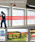 Solar Wireless Driveway Alarm System With Half Mile Transmission And 300 Foot Sensor Range No Wiring No Battery Replacements Needed Easy Install Plug And Play Weatherproof Outdoor Security Perimeter Alert Kit showing wider application range at garage doors and gates.