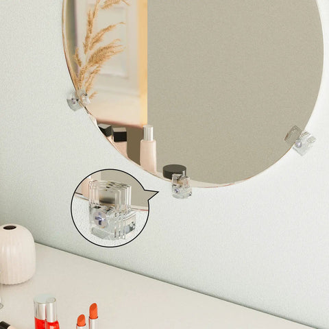 Foolproof Mirror Holder Kit Boasting 22 Slick Clear Plastic Clips With Heavy Duty Screws crafted for 3 16 inches of glass panels on a wall.