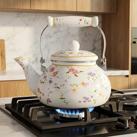 Vintage Floral Enamel Tea Kettle 2.6 Quart With Porcelain Handle For Stovetop Kitchen Camping And Home Gifts Perfect For Housewarming Wedding Bridal Shower Mothers Day Non Toxic Durable Fast Heating And Rust Resistant on stove